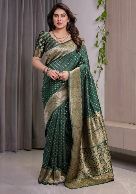 Bottle Green Embroidered Kanjivaram Silk Saree Set
