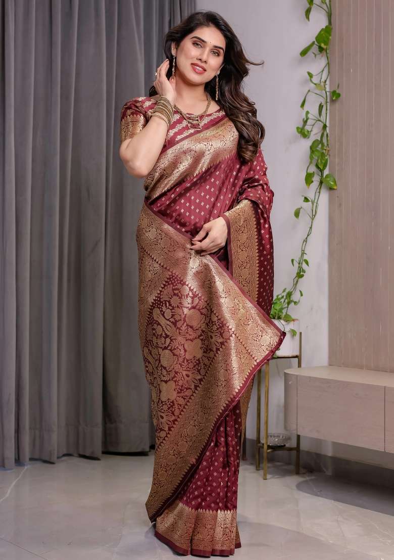 Maroon Embroidered Kanjivaram Silk Blend Saree Set - Indya
