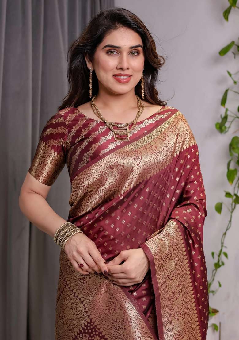 Maroon Embroidered Kanjivaram Silk Blend Saree Set - Indya