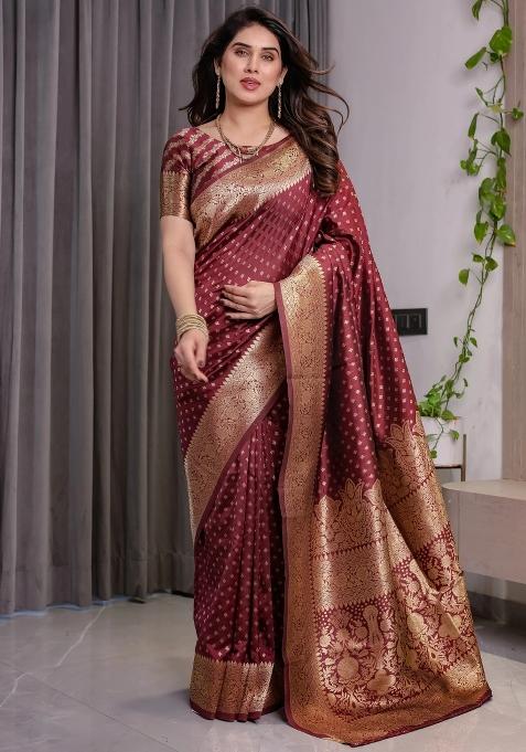 Maroon Embroidered Kanjivaram Silk Saree Set