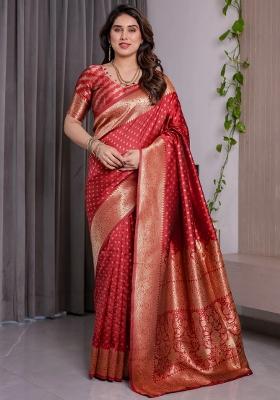 Red Embroidered Kanjivaram Silk Saree Set