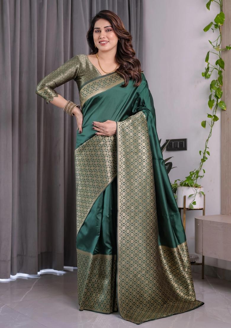 Bottle Green Embroidered Kanjivaram Silk Saree Set - Indya