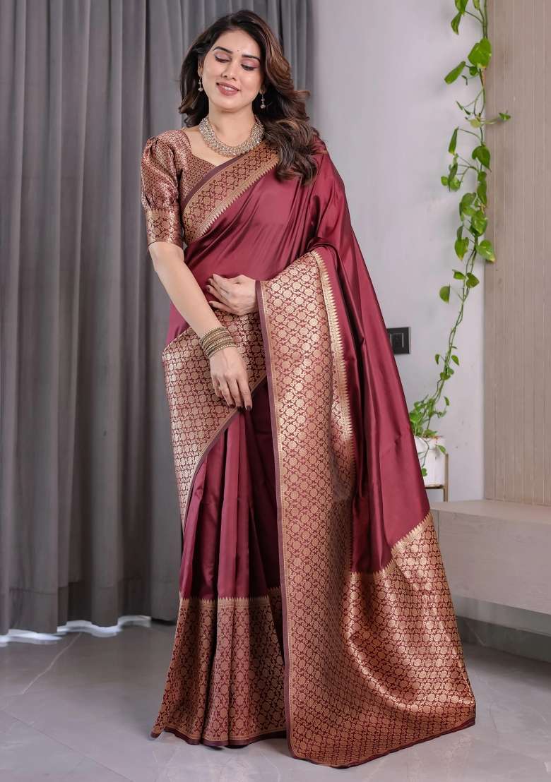 Brown Embroidered Kanjivaram Silk Blend Saree Set - Indya