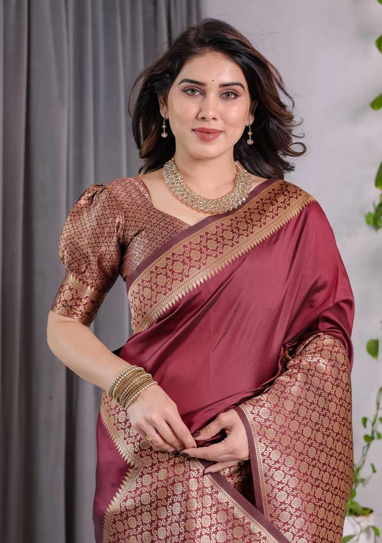 Brown Embroidered Kanjivaram Silk Blend Saree Set - Indya