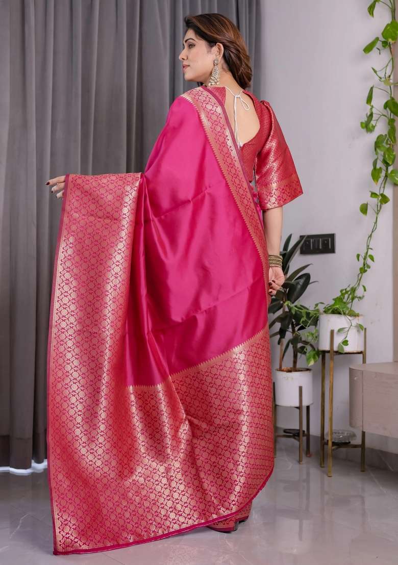 Pink Embroidered Kanjivaram Silk Blend Saree Set - Indya