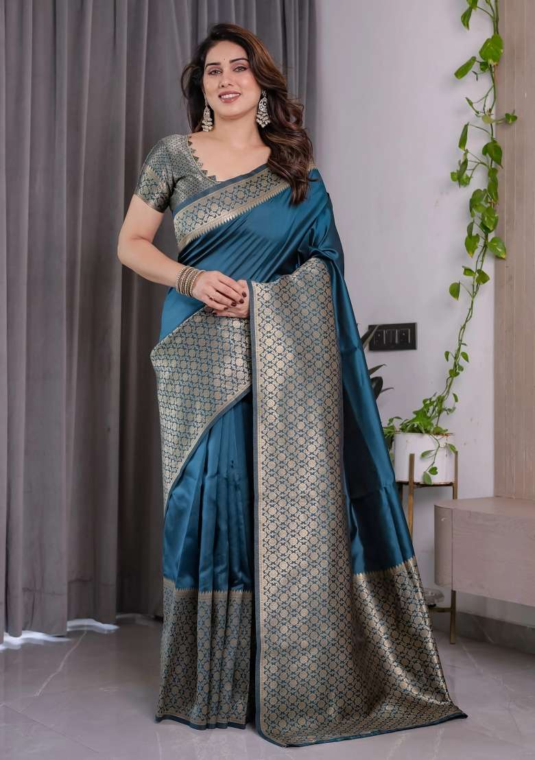 Blue Embroidered Kanjivaram Silk Blend Saree Set - Indya