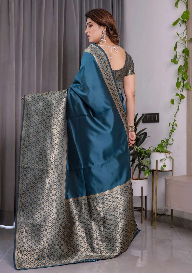 Blue Embroidered Kanjivaram Silk Blend Saree Set - Indya