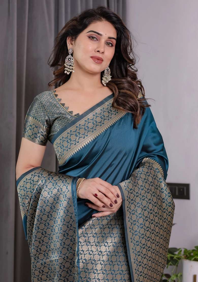Blue Embroidered Kanjivaram Silk Blend Saree Set - Indya