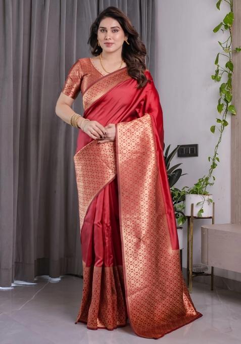 Red Embroidered Kanjivaram Silk Saree Set