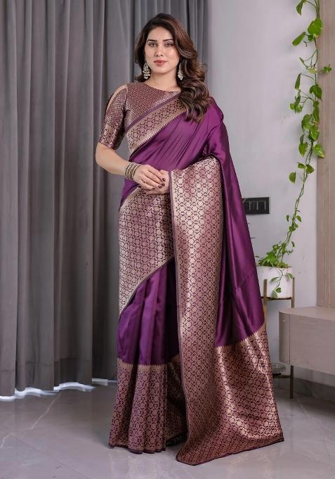 Purple Embroidered Kanjivaram Silk Saree Set