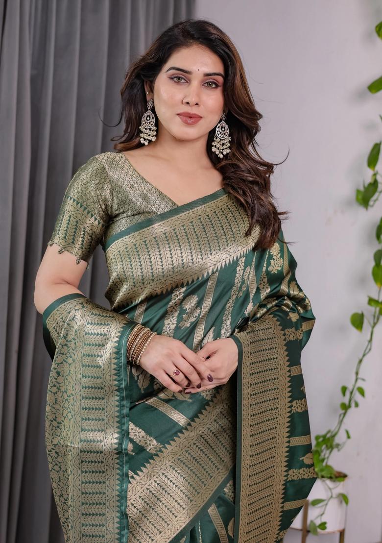 Green Embroidered Kanjivaram Silk Saree Set - Indya