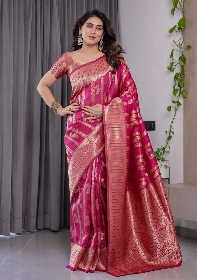 Pink Embroidered Kanjivaram Silk Blend Saree Set - Indya