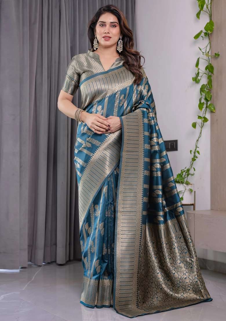 Blue Embroidered Kanjivaram Silk Blend Saree Set - Indya