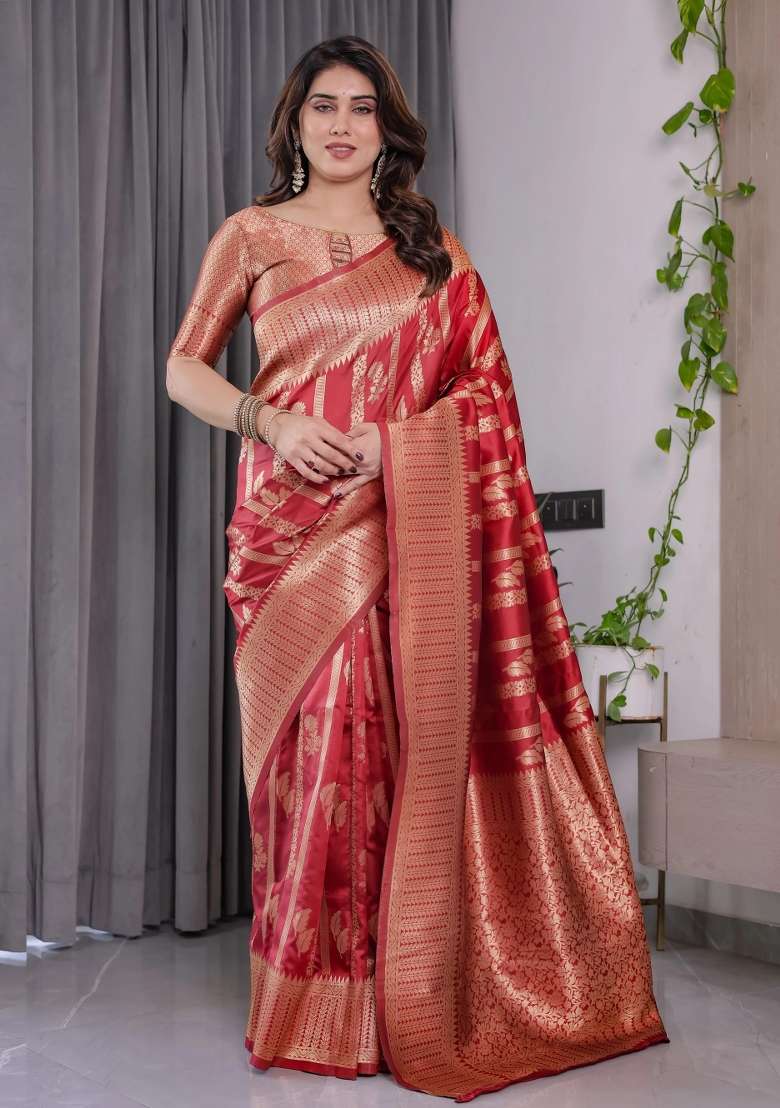Red Embroidered Kanjivaram Silk Blend Saree Set - Indya