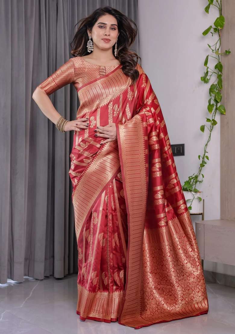 Red Embroidered Kanjivaram Silk Blend Saree Set - Indya