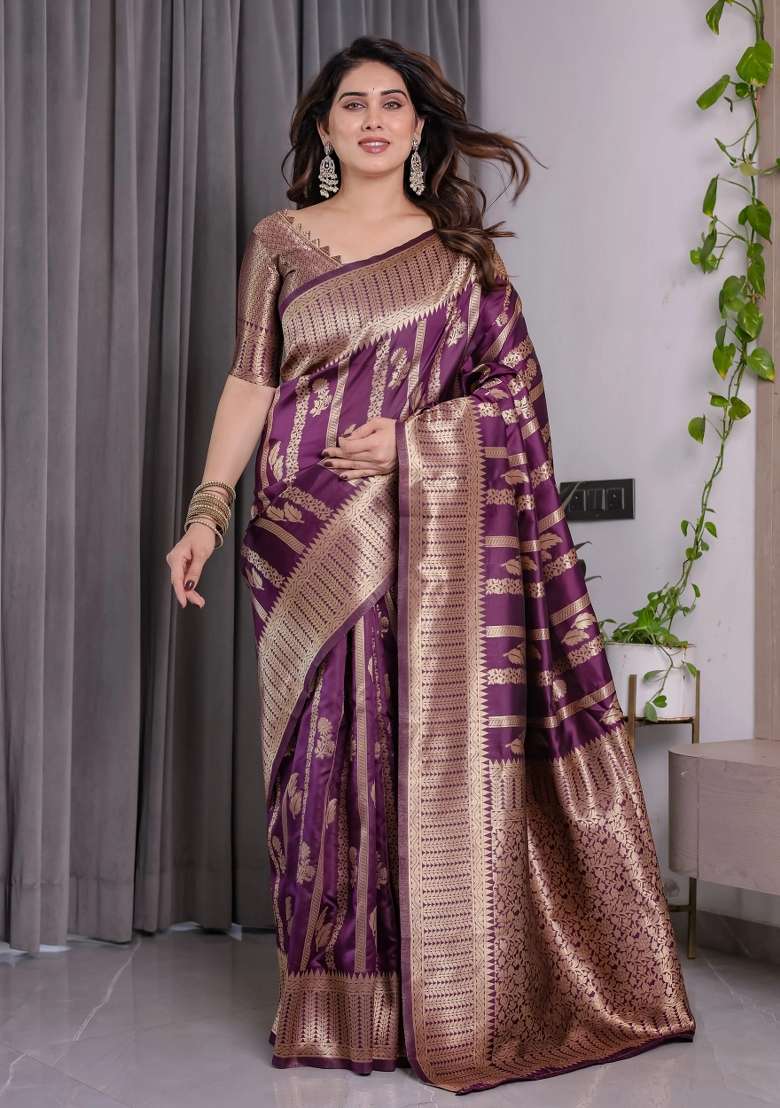 Purple Embroidered Kanjivaram Silk Blend Saree Set - Indya