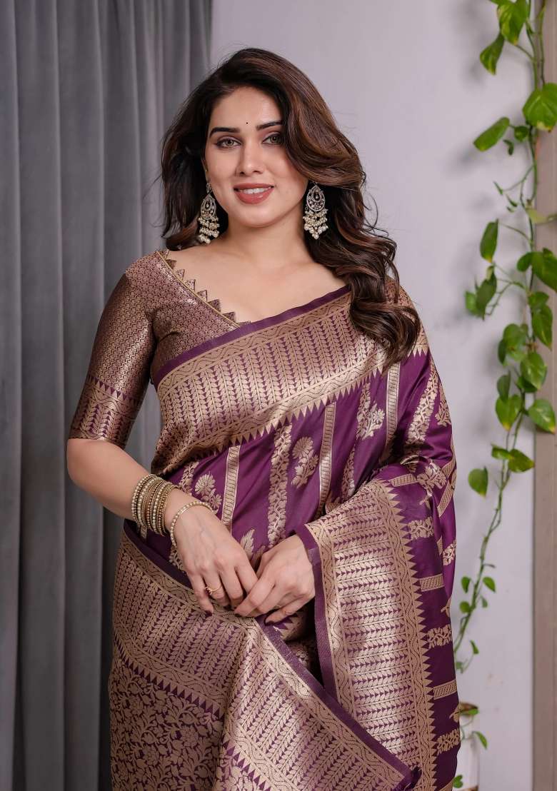 Purple Embroidered Kanjivaram Silk Blend Saree Set - Indya