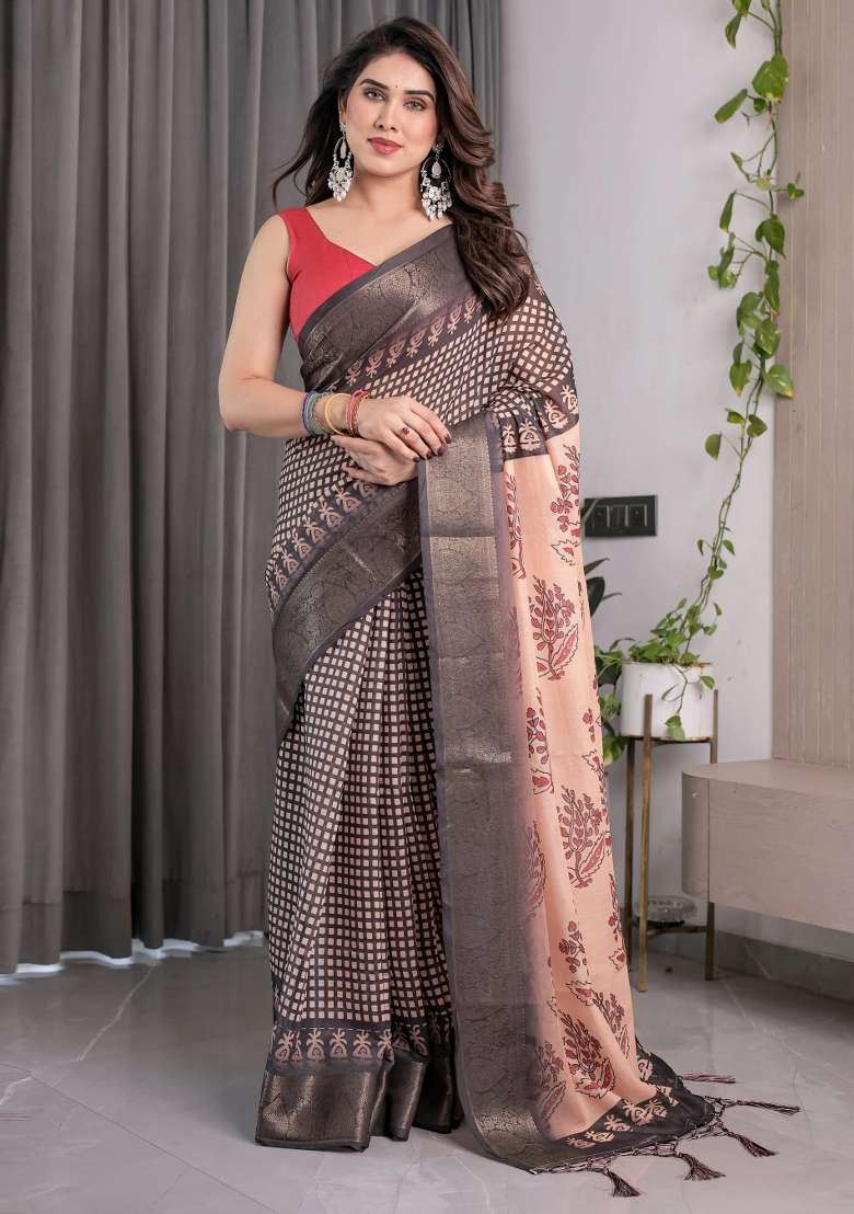 Beige Embroidered Linen Saree Set - Indya