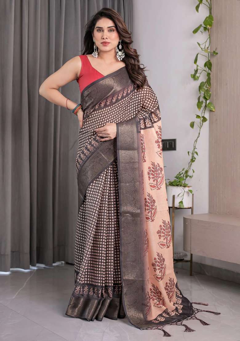Beige Embroidered Linen Saree Set - Indya