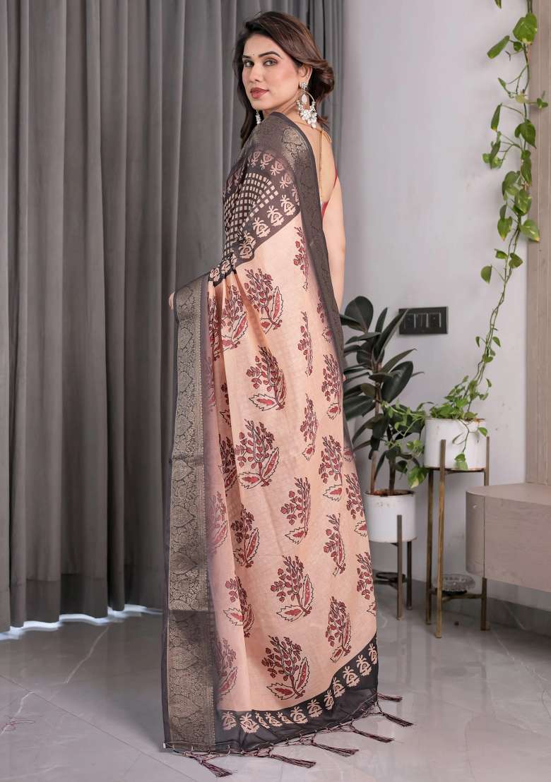 Beige Embroidered Linen Saree Set - Indya