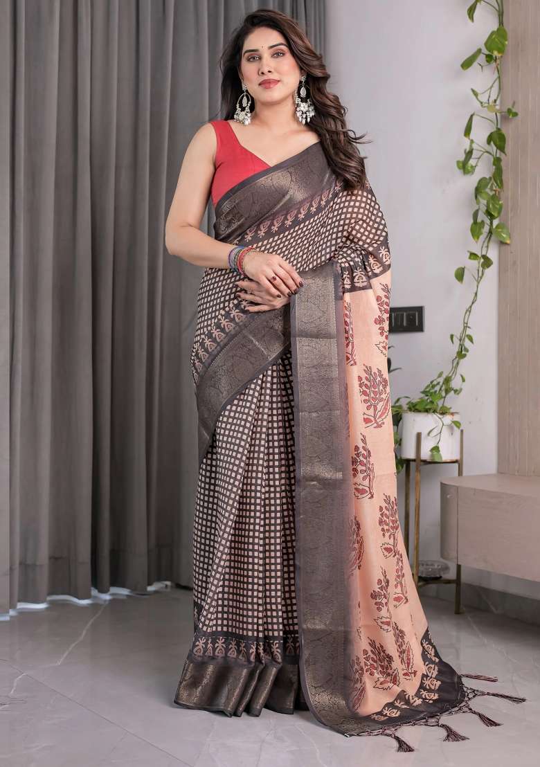 Beige Embroidered Linen Saree Set - Indya