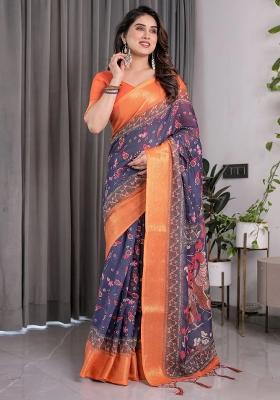 Orange Embroidered Linen Saree Set
