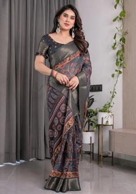 Grey Embroidered Linen Saree Set