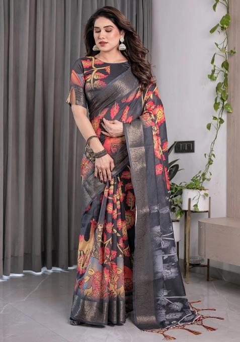 Black Embroidered Linen Saree Set