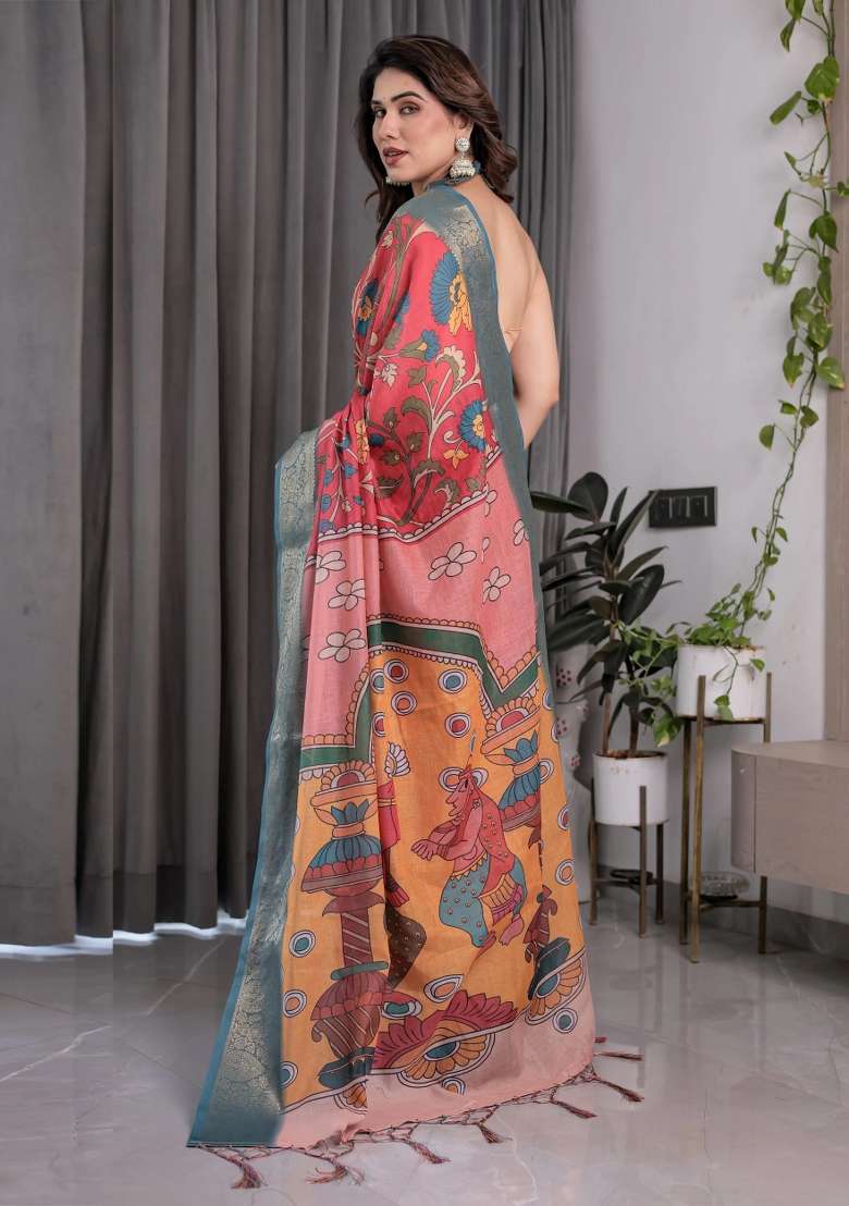 Multicolor Embroidered Linen Saree Set - Indya