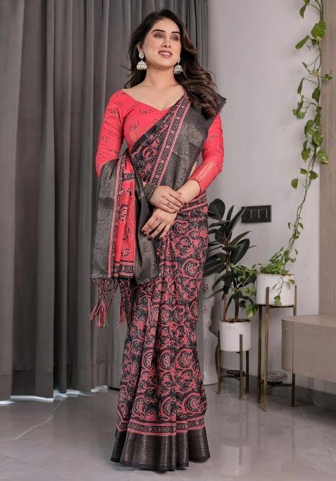 Red Embroidered Linen Saree Set