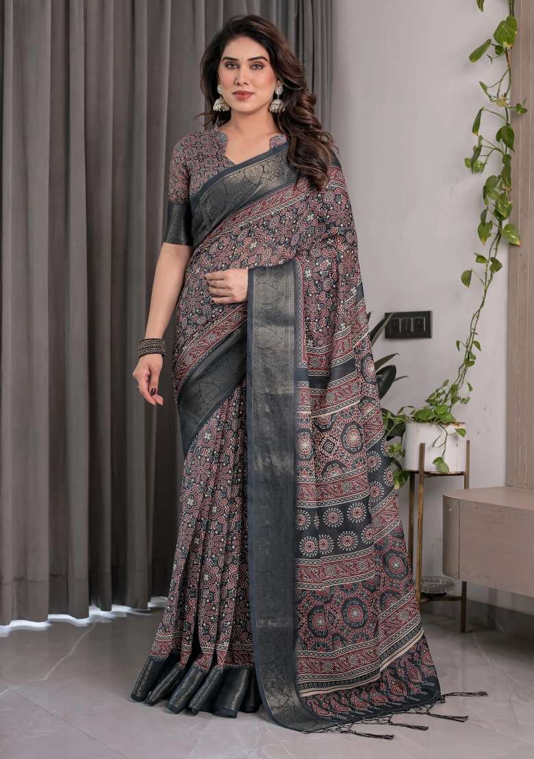 Black Embroidered Linen Saree Set - Indya
