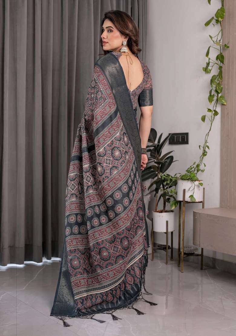 Black Embroidered Linen Saree Set - Indya
