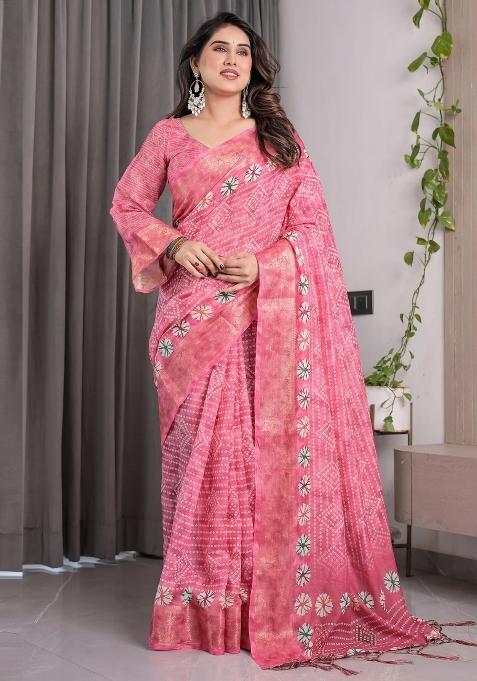 Pink Embroidered Linen Saree Set