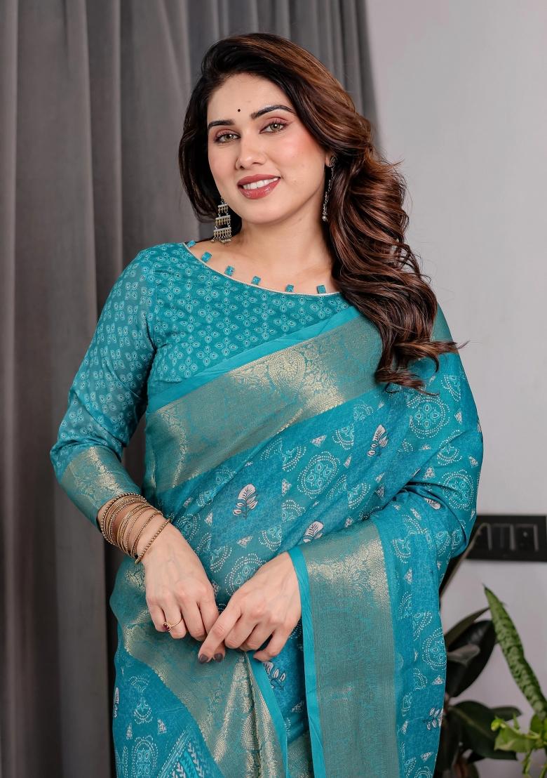 Blue Embroidered Linen Saree Set - Indya