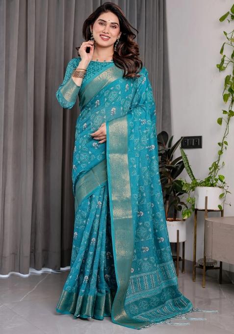 Blue Embroidered Linen Saree Set
