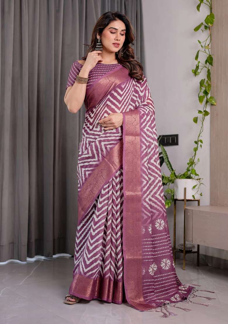 Purple Embroidered Linen Saree Set - Indya