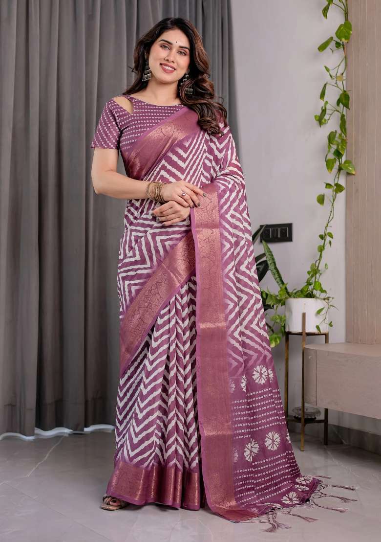 Purple Embroidered Linen Saree Set - Indya