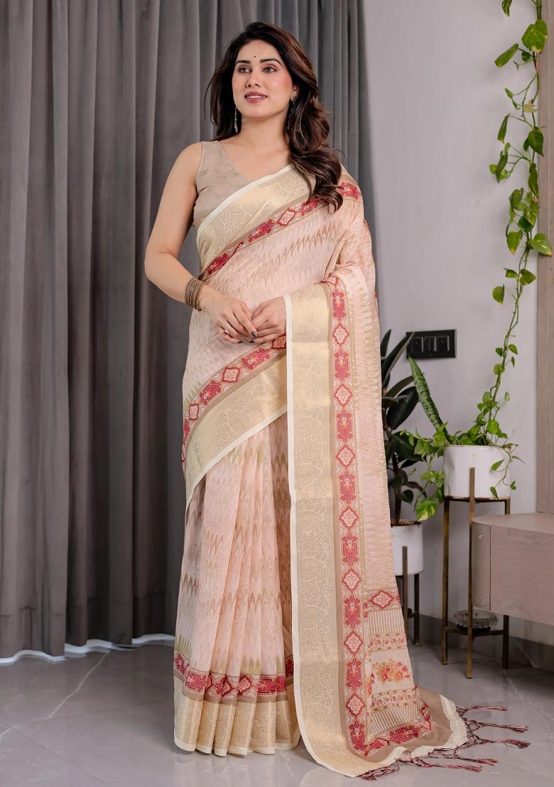 Beige Embroidered Linen Saree Set - Indya
