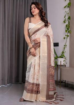 Beige Embroidered Linen Saree Set
