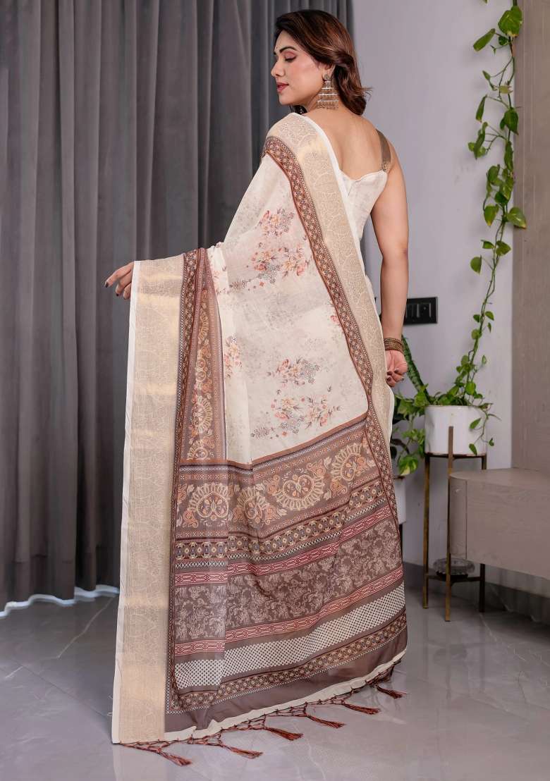 Beige Embroidered Linen Saree Set - Indya
