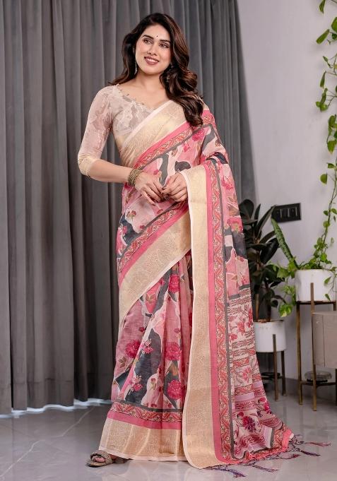 Pink Embroidered Linen Saree Set