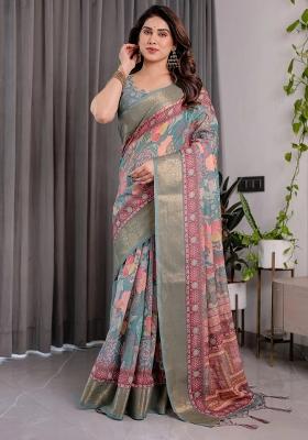 Green Embroidered Linen Saree Set