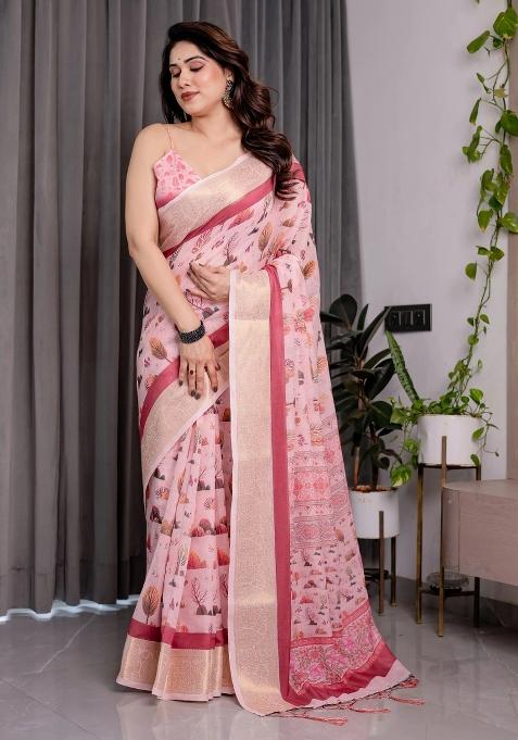 Pink Embroidered Linen Saree Set