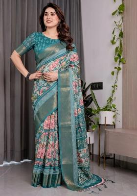 Green Embroidered Linen Saree Set