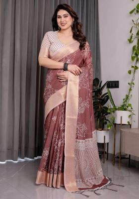 Maroon Embroidered Linen Saree Set