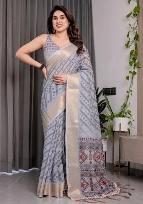 Grey Embroidered Linen Saree Set