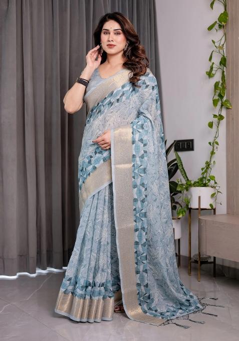 Blue Embroidered Linen Saree Set