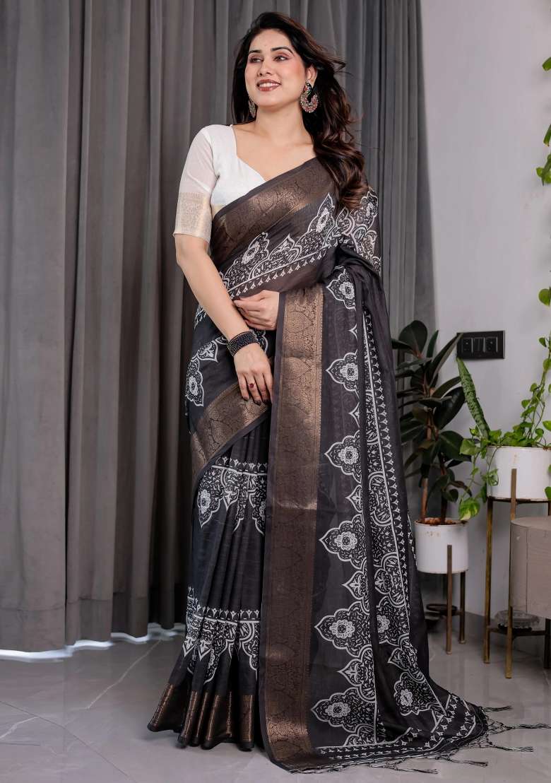 Black Embroidered Linen Saree Set - Indya