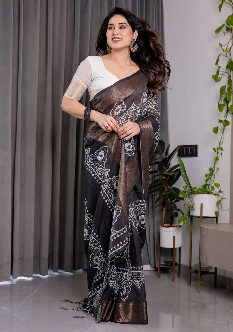 Black Embroidered Linen Saree Set - Indya