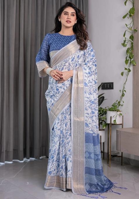 Blue Embroidered Linen Saree Set